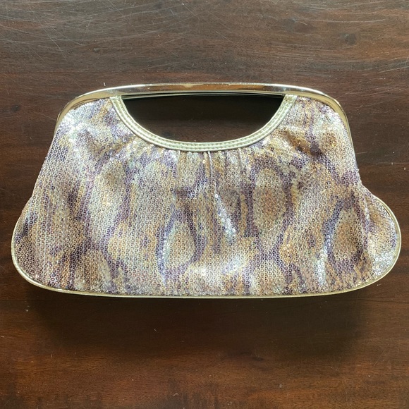 Express clutch bag snakeskin sequin gold neutral colors